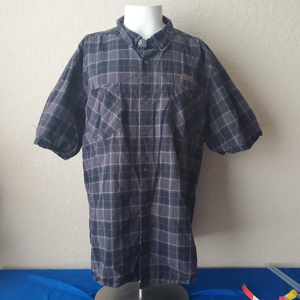 Harley Davidson Plaid Button Up Shirt Men's 3XL Grey Flannel Skull Back Patch